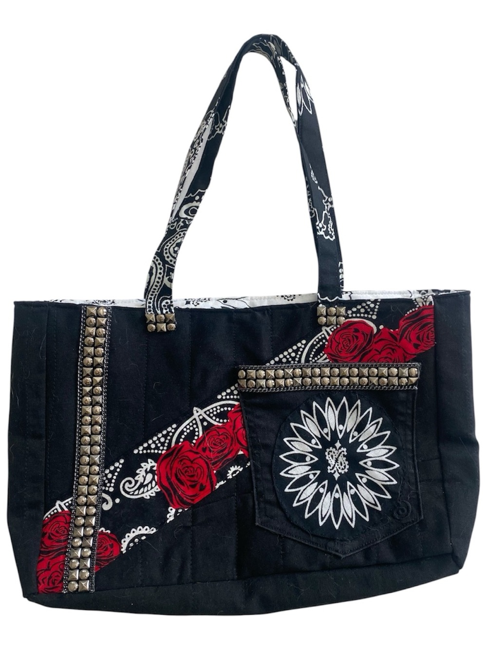 Quilted Black Red Floral Bandana Studded Mini Boxy Tote Bag